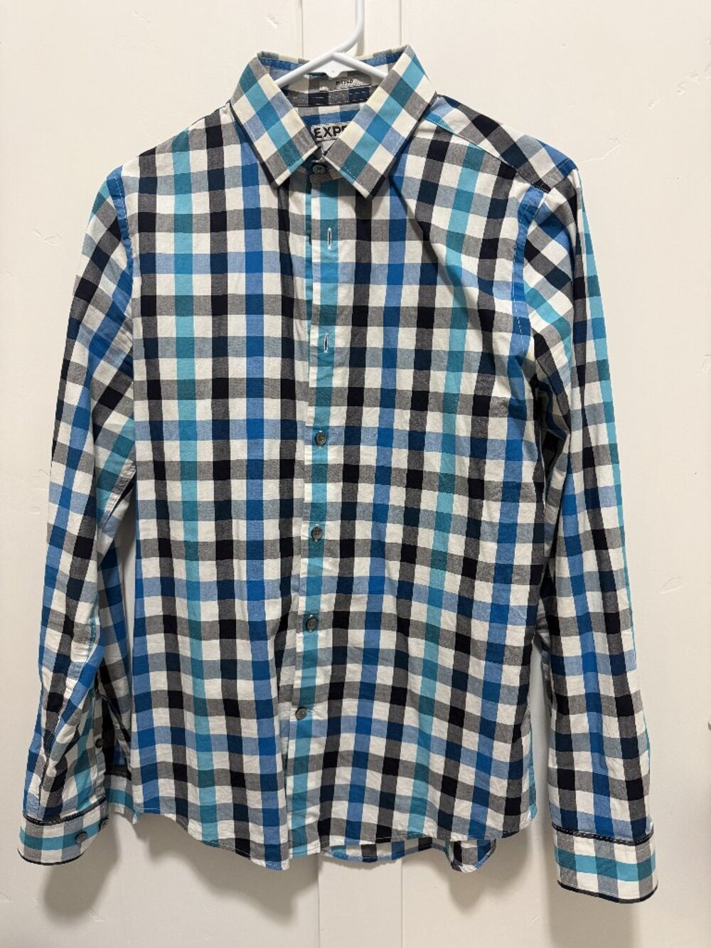 Express Mens Small Fitted Blue Teal Check Long Sleeve Button Up Shirt S 14-14.5